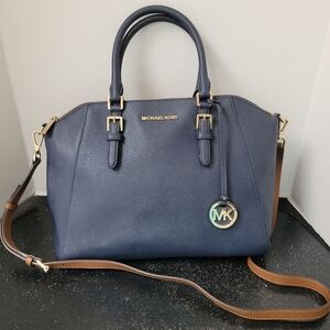 Michael Kors Navy Blue Ciara Satchel Bag With Brown Crossbody Strap